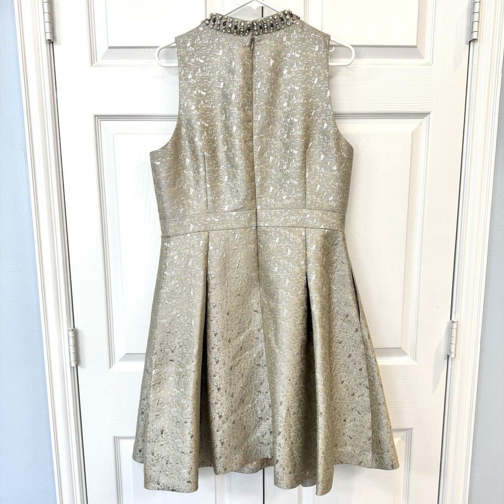 Eliza J Gold Metallic Jacquard Fit & Flare Cocktail Party Dress Beaded Sz 14 - Picture 6 of 10